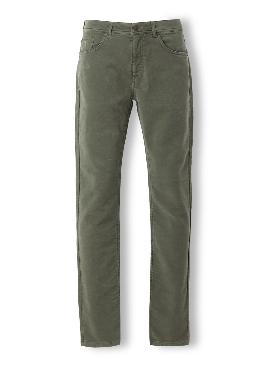 Haki Düz Dokuma Slim Fit Casual Pamuk Karışımlı Pantolon - 5