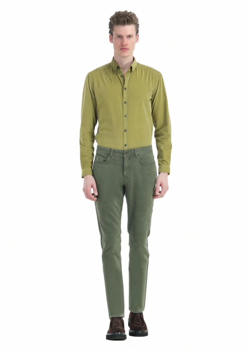 Haki Düz Dokuma Slim Fit Casual Pamuk Karışımlı Pantolon - 1