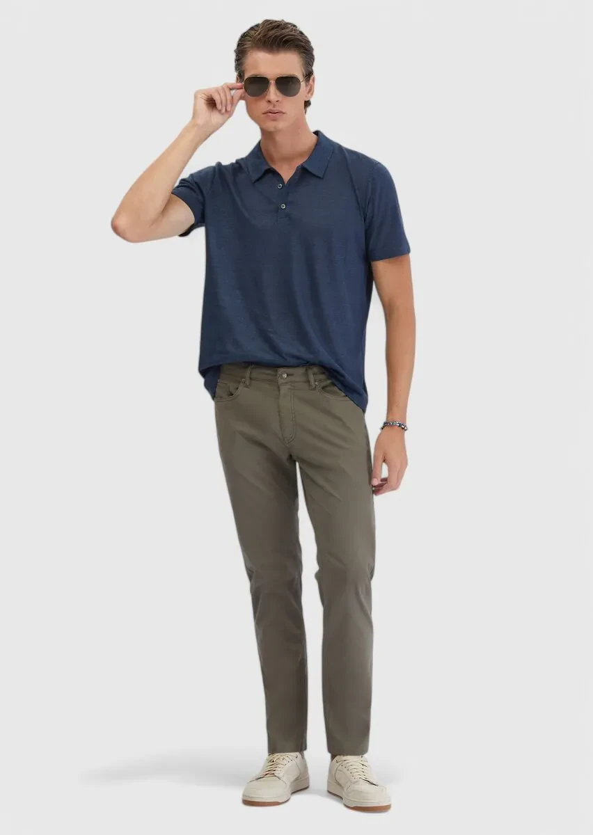 Haki Düz Dokuma Slim Fit Casual Pamuk Karışımlı Pantolon - 1