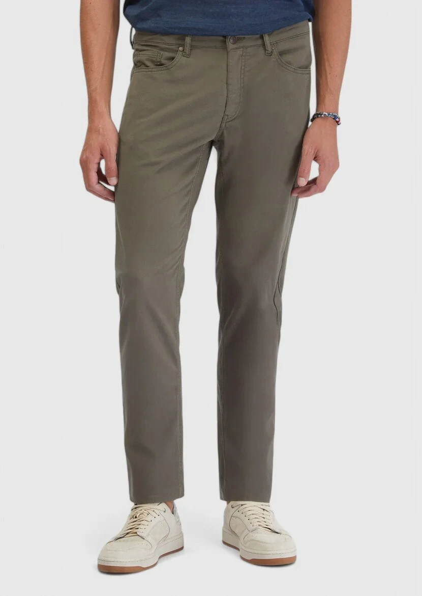 Haki Düz Dokuma Slim Fit Casual Pamuk Karışımlı Pantolon 
