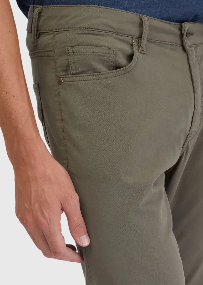 Haki Düz Dokuma Slim Fit Casual Pamuk Karışımlı Pantolon - 3