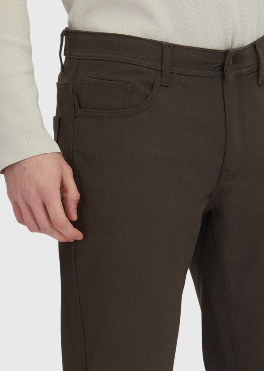 Haki Düz Dokuma Slim Fit Casual Pamuk Karışımlı Pantolon - 3