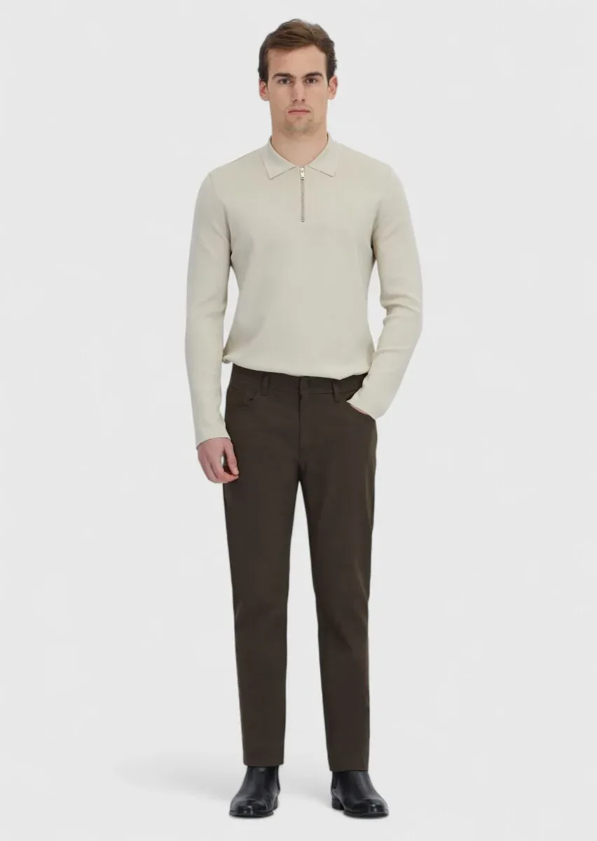 Haki Düz Dokuma Slim Fit Casual Pamuk Karışımlı Pantolon - 1
