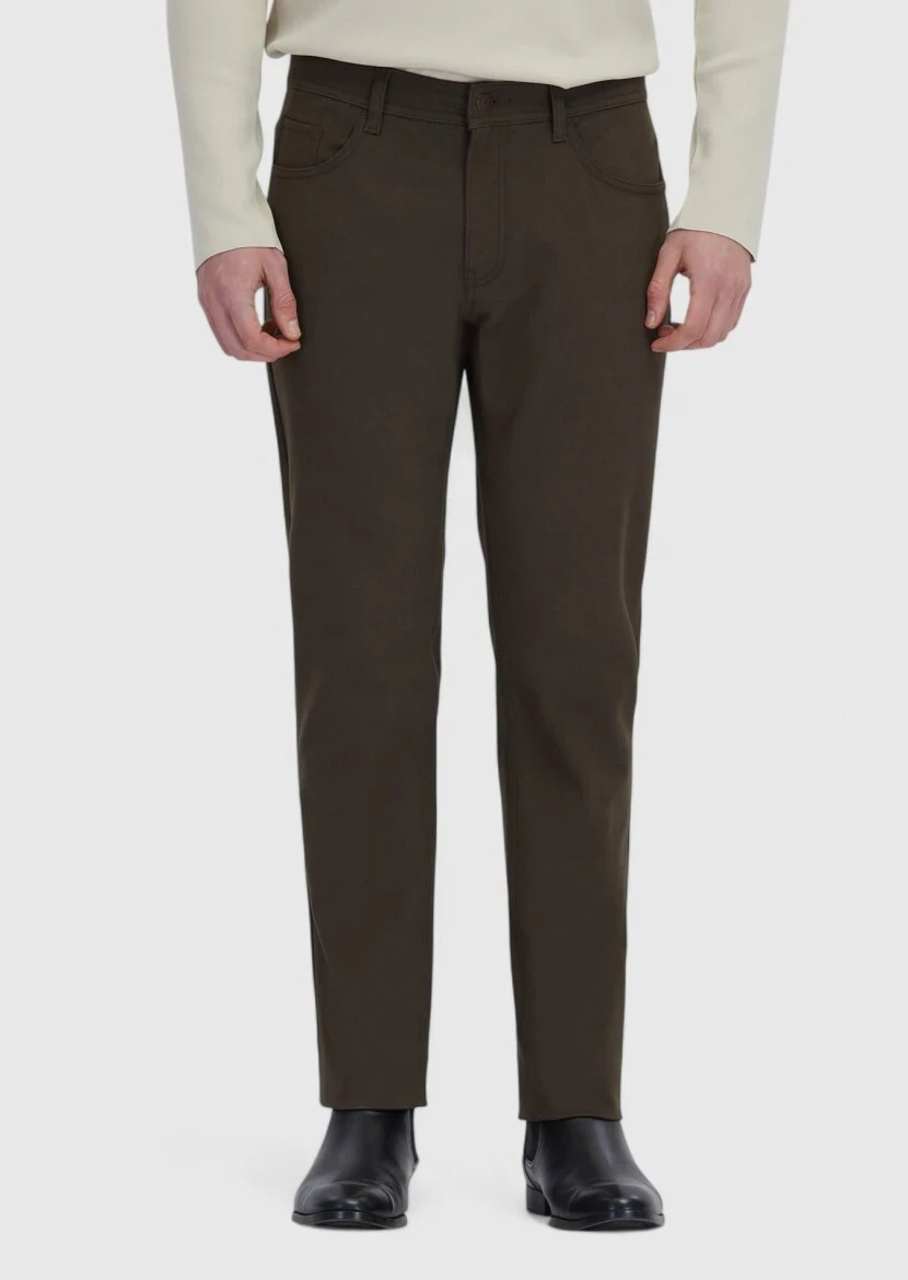 Haki Düz Dokuma Slim Fit Casual Pamuk Karışımlı Pantolon - 2