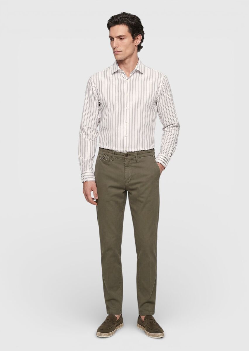 Haki Düz Dokuma Straight Fit Casual Pamuk Karışımlı Pantolon - 1