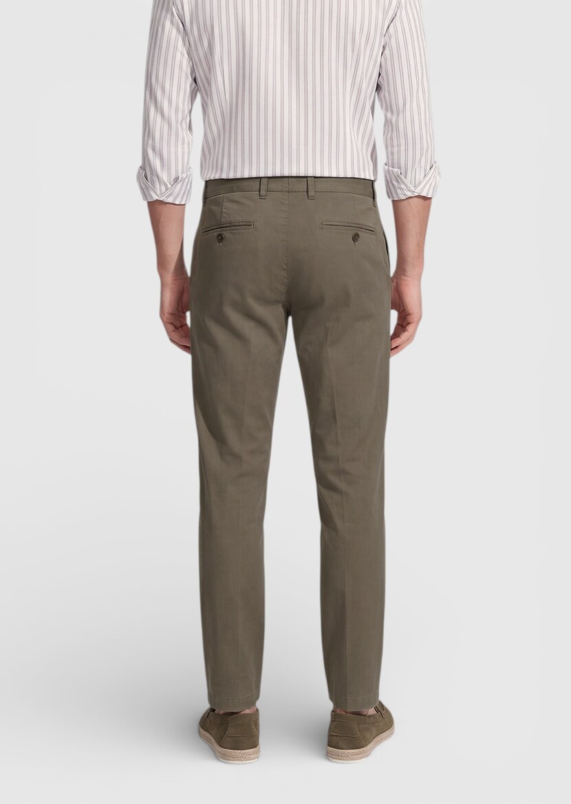 Haki Düz Dokuma Straight Fit Casual Pamuk Karışımlı Pantolon - 4