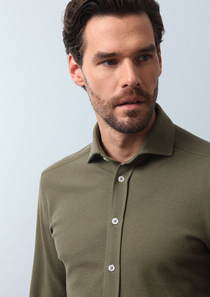 Haki Düz Fitted Fit Uzun Casual %100 Pamuk Gömlek - 3
