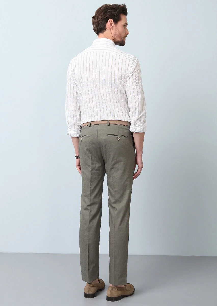 Haki Düz Kumaş Modern Fit Klasik Pamuk Karışımlı Pantolon - 5