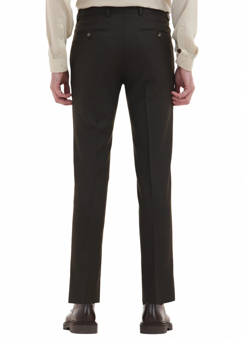 Haki Düz Kumaş Modern Fit Klasik Yün Karışımlı Pantolon - 4