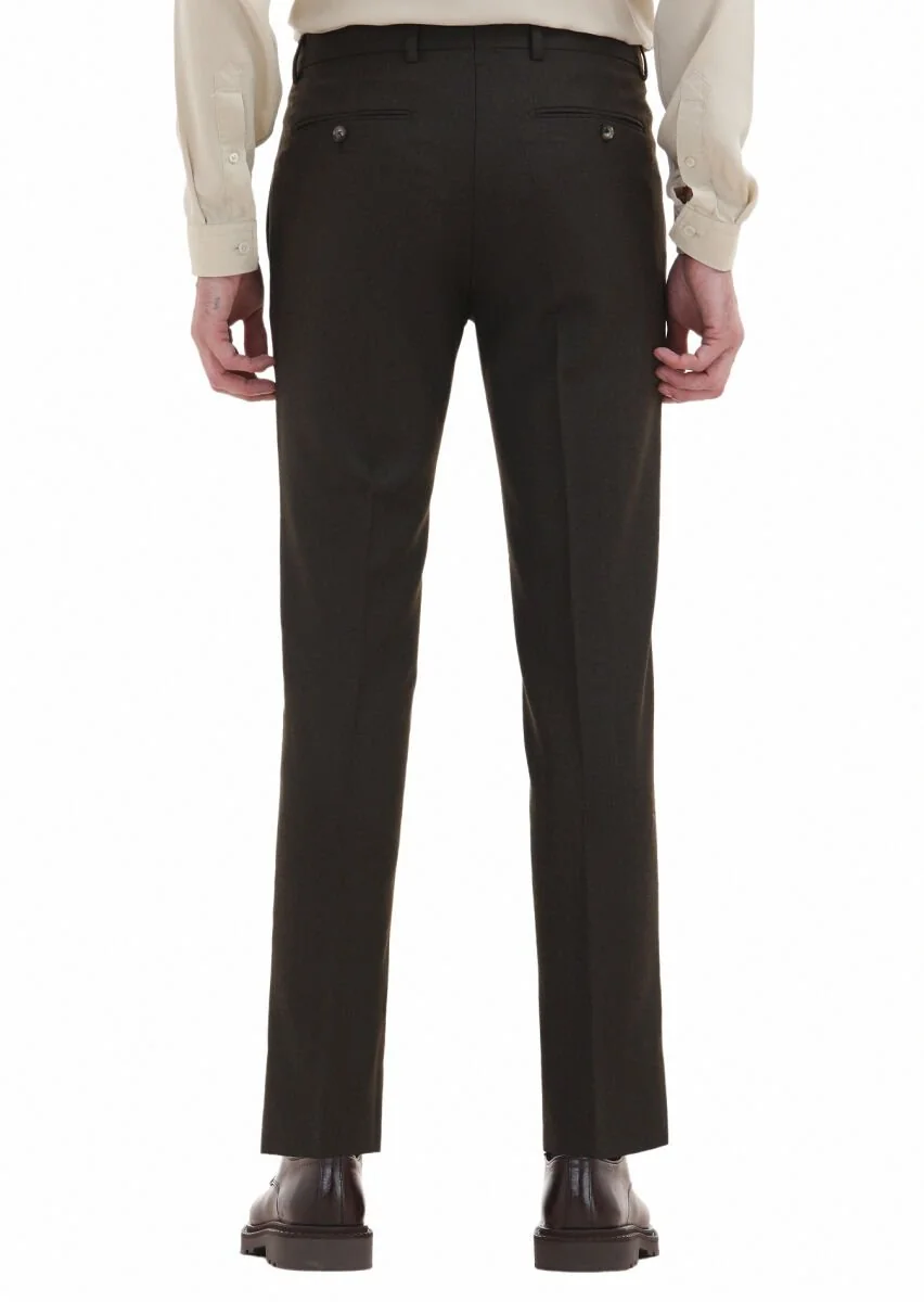 Haki Düz Kumaş Modern Fit Klasik Yün Karışımlı Pantolon - 4