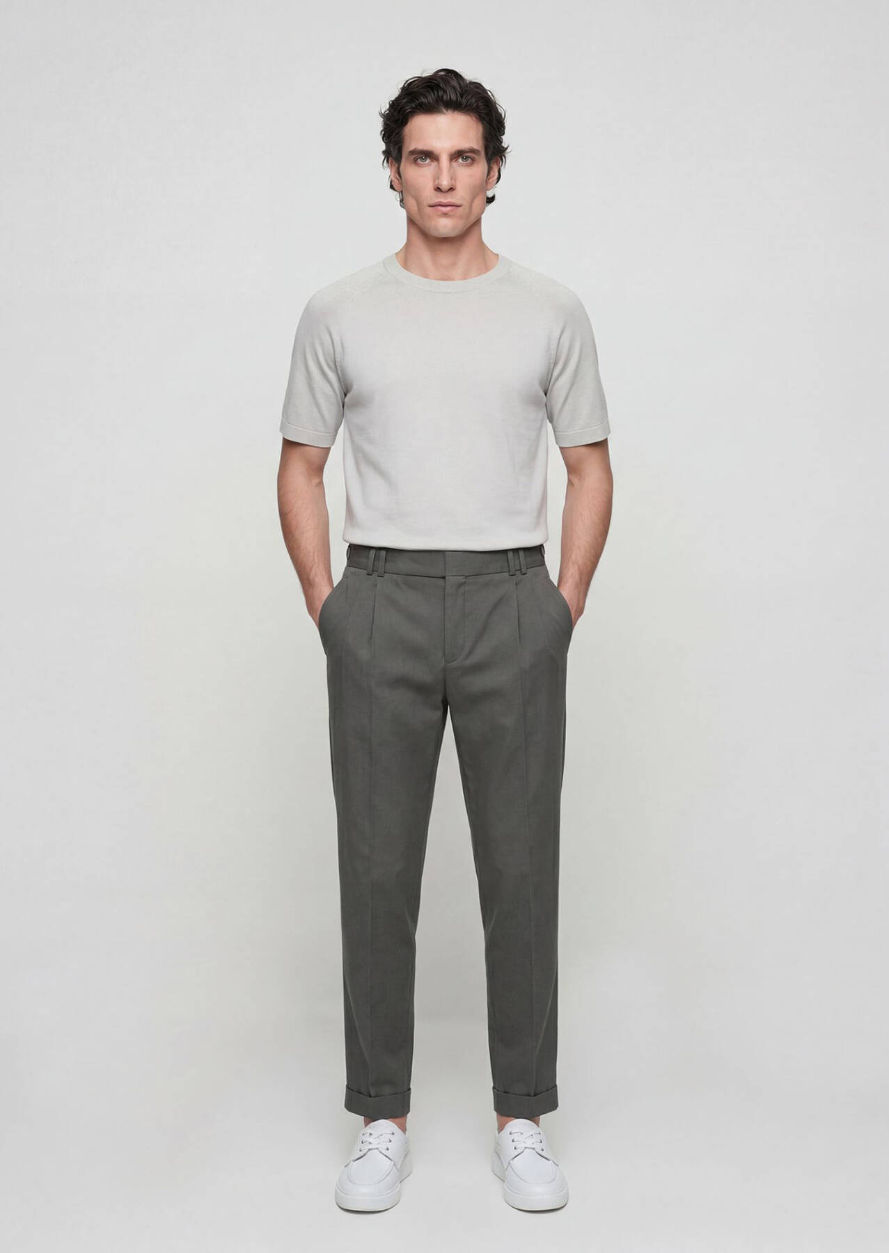 Haki Düz Kumaş Regular Fit Casual Pantolon