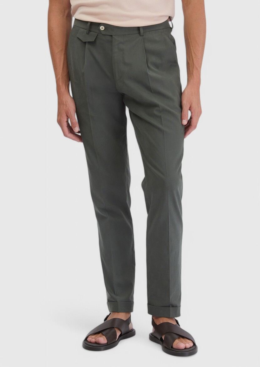 Haki Düz Kumaş Regular Fit Casual Pantolon - 2