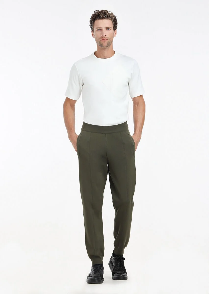 Haki Düz Örme Casual Trıko Pantolon - 1