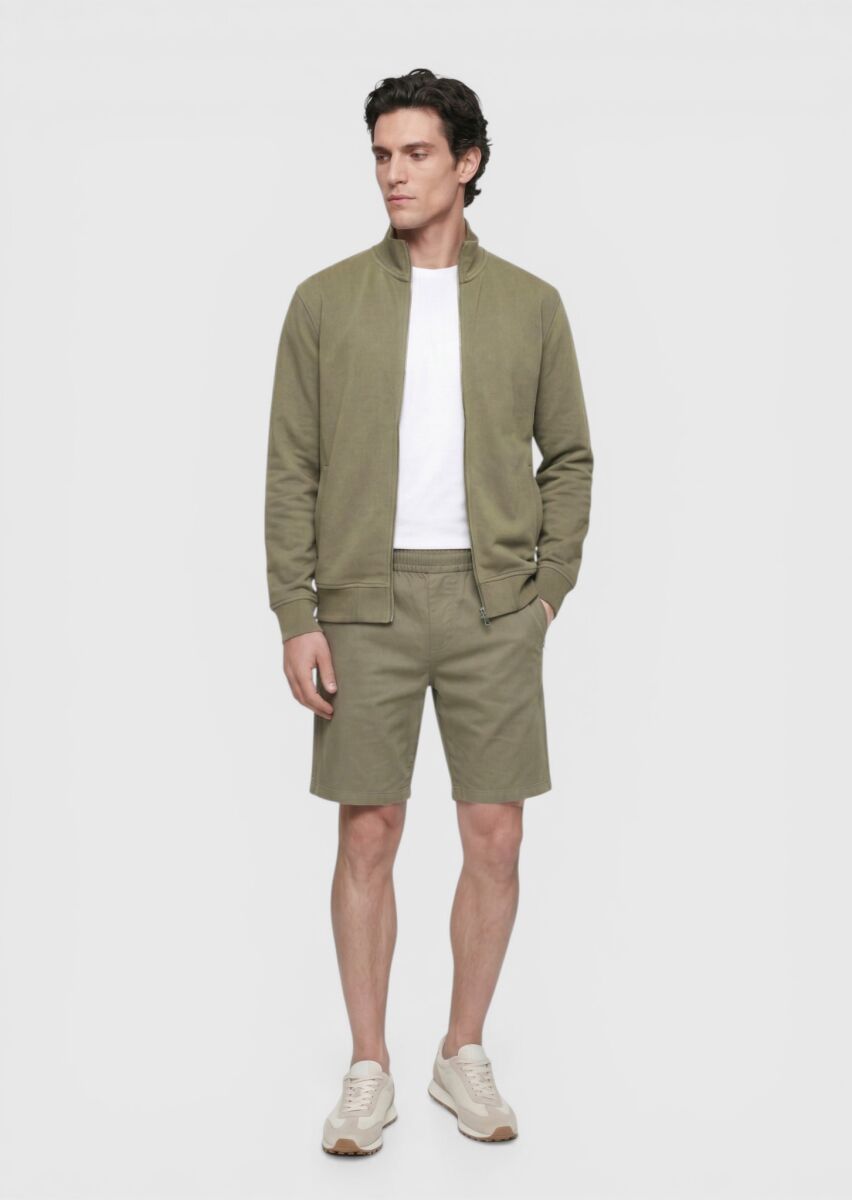 Haki Düz Örme Regular Fit Casual Bermuda - 2