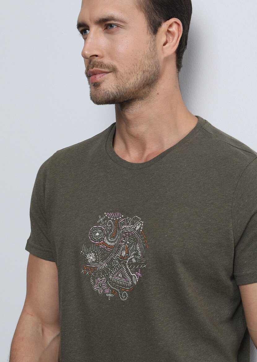 Haki Düz Pamuk Karışımlı T-Shirt - 2