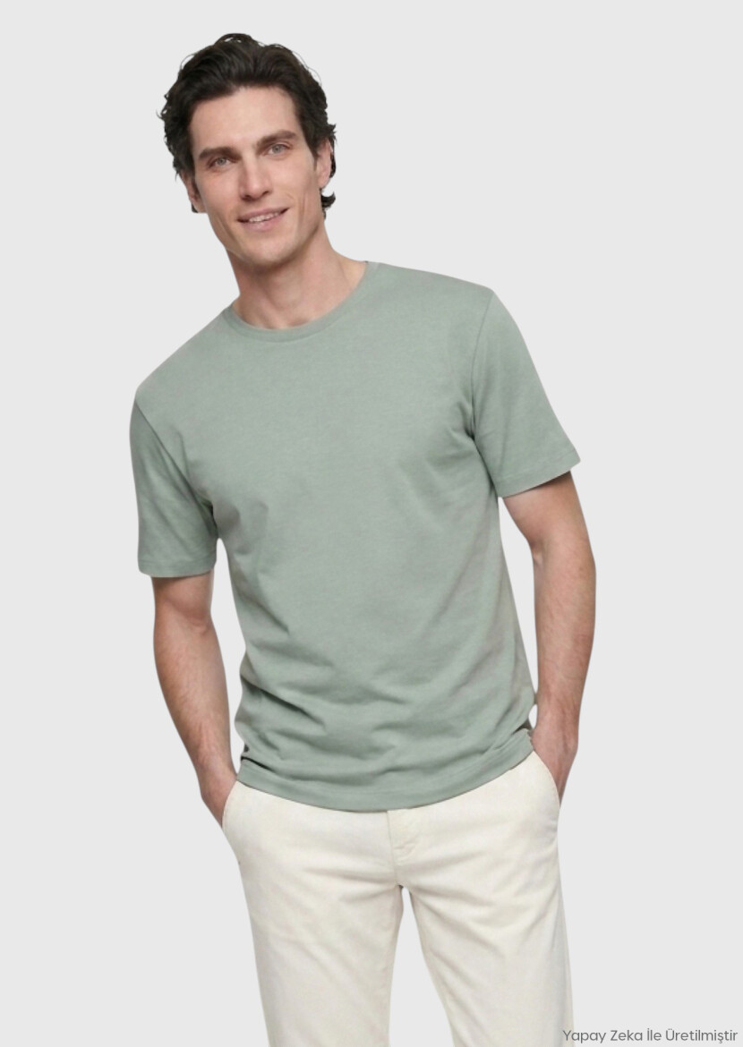 Haki Düz Pamuk Karışımlı T-Shirt - RAMSEY