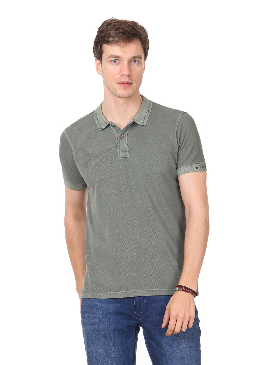 Haki Düz Polo Yaka %100 Pamuk T-Shirt - 1