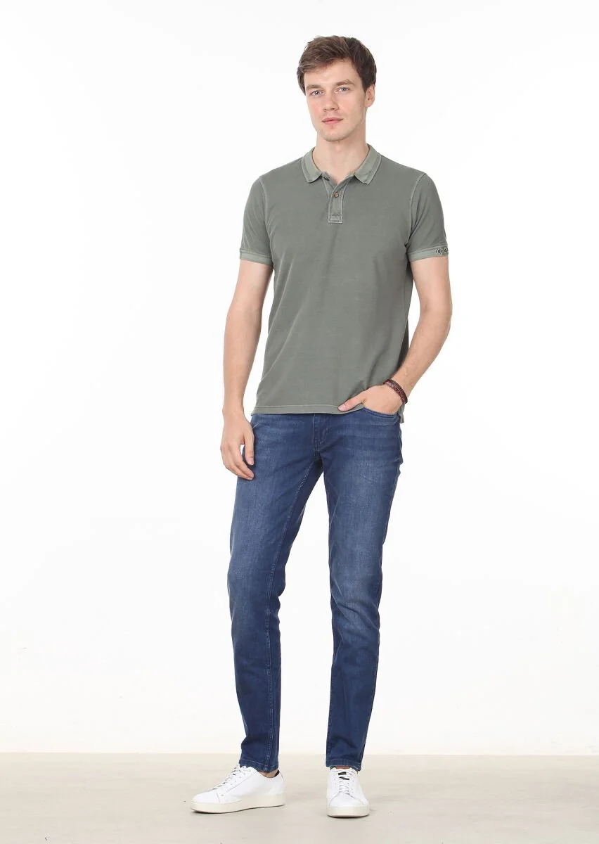 Haki Düz Polo Yaka %100 Pamuk T-Shirt - 3