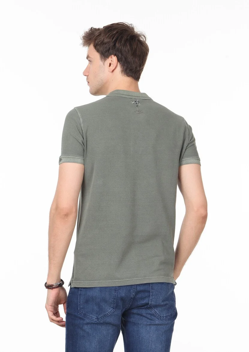 Haki Düz Polo Yaka %100 Pamuk T-Shirt - 4