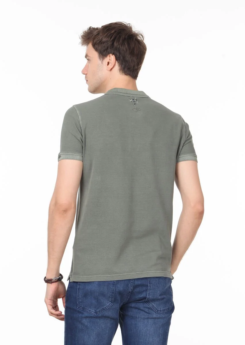 Haki Düz Polo Yaka %100 Pamuk T-Shirt - 4