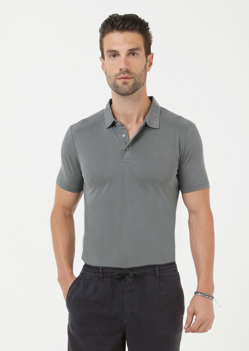 Haki Düz Polo Yaka %100 Pamuk T-Shirt - 1