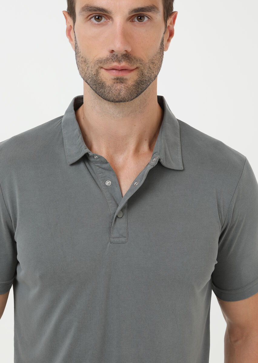 Haki Düz Polo Yaka %100 Pamuk T-Shirt - 3