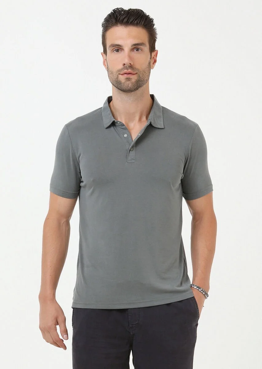 Haki Düz Polo Yaka %100 Pamuk T-Shirt - 2