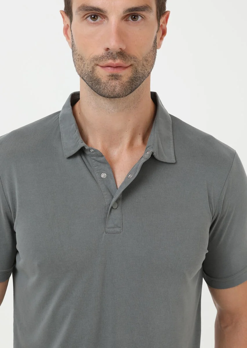 Haki Düz Polo Yaka %100 Pamuk T-Shirt - 4
