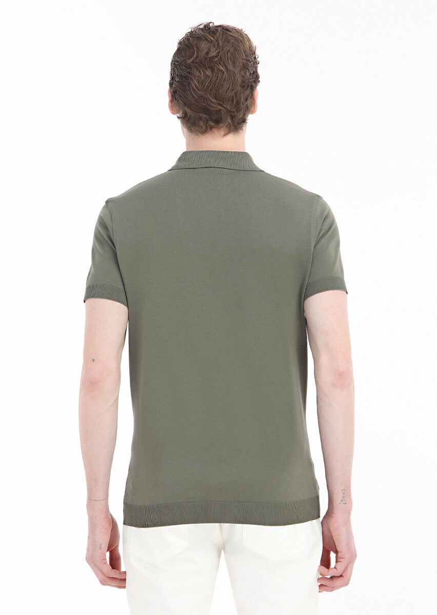 Haki Düz Polo Yaka %100 Pamuk T-Shirt - 4