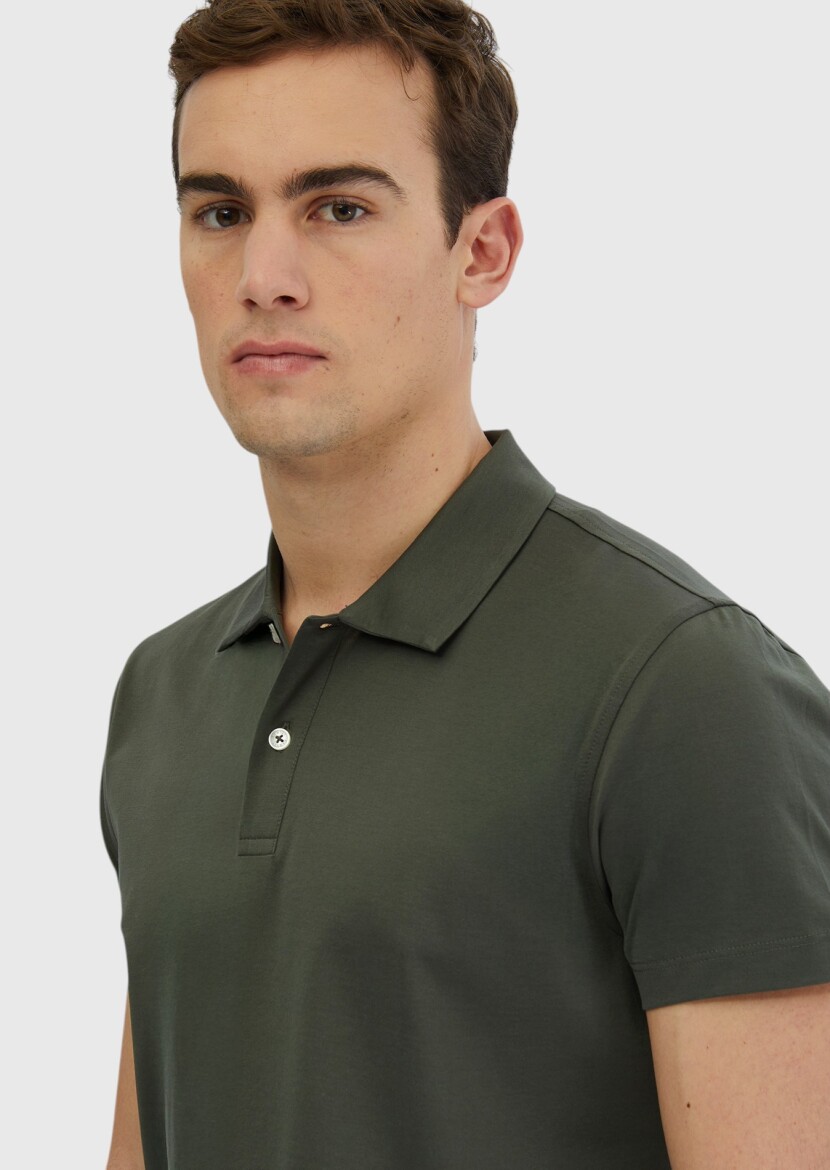 Haki Düz Polo Yaka %100 Pamuk T-Shirt - 3
