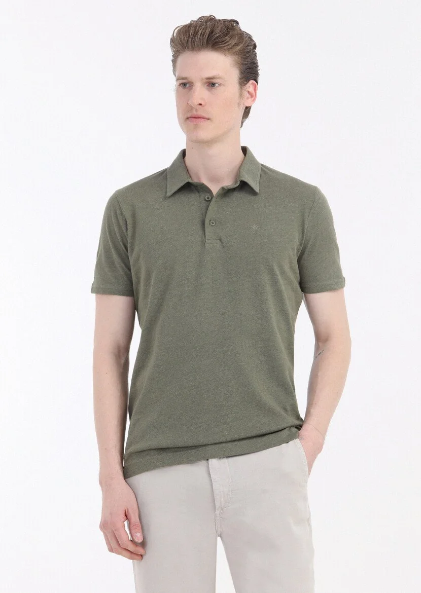 Haki Düz Polo Yaka Pamuk Karışımlı T-Shirt 