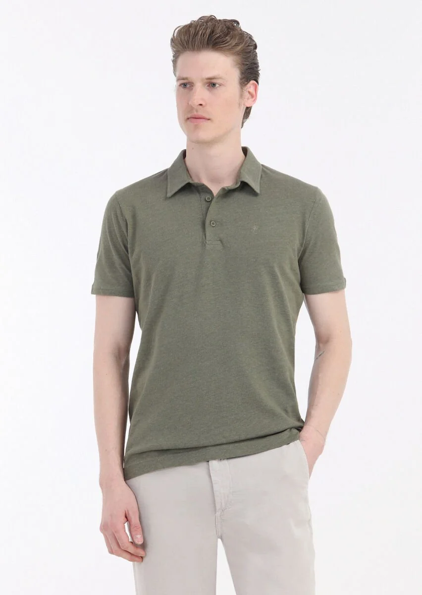 Haki Düz Polo Yaka Pamuk Karışımlı T-Shirt - 2