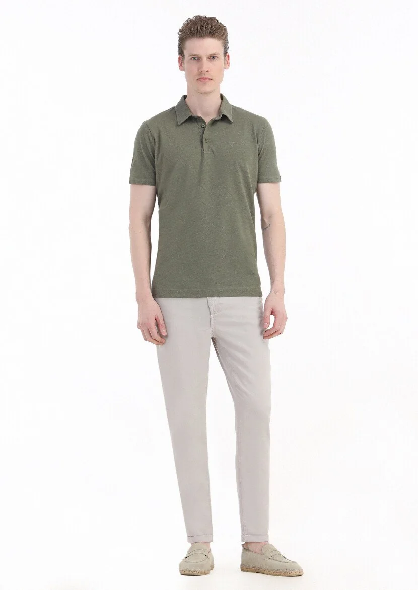 Haki Düz Polo Yaka Pamuk Karışımlı T-Shirt - 3