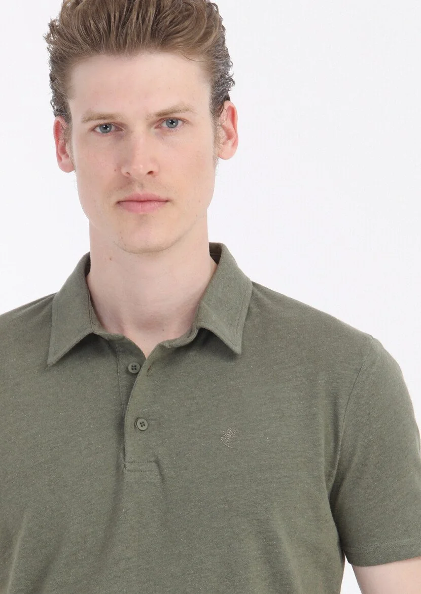 Haki Düz Polo Yaka Pamuk Karışımlı T-Shirt - 4