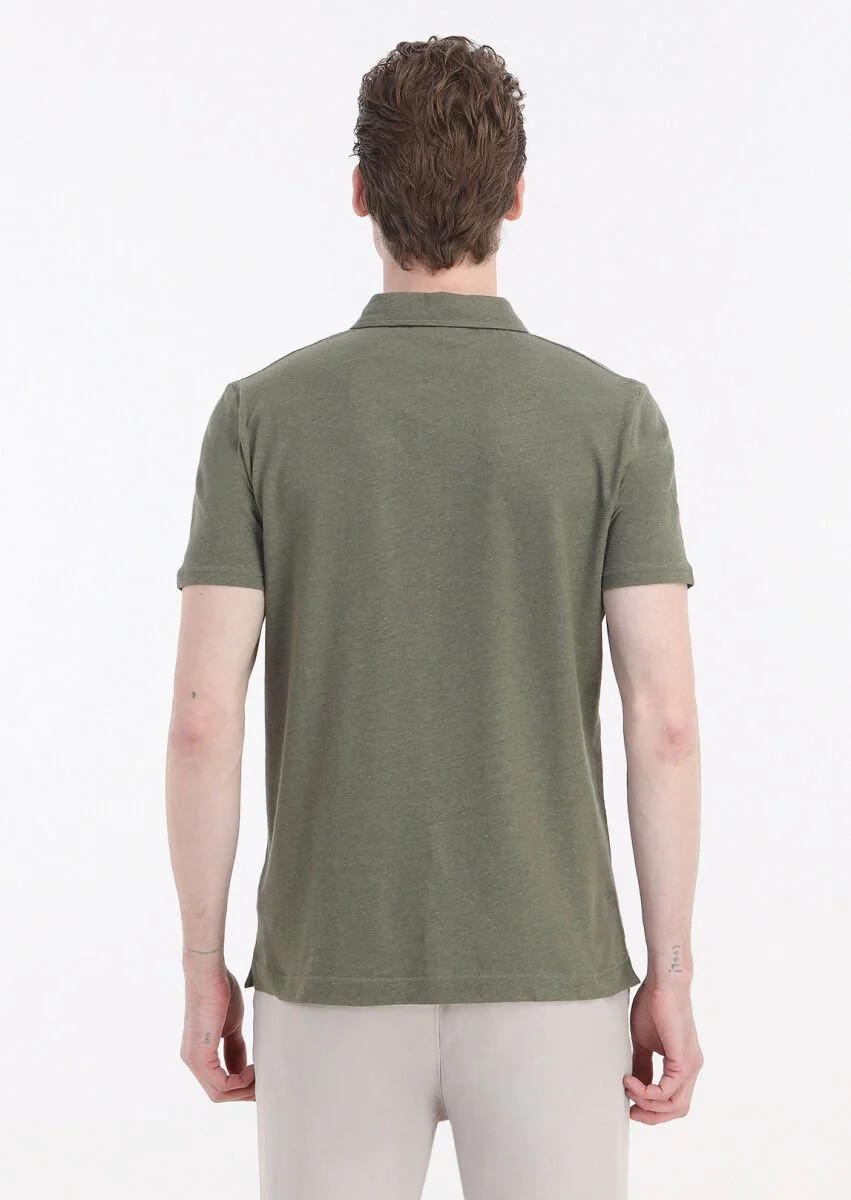 Haki Düz Polo Yaka Pamuk Karışımlı T-Shirt - 5