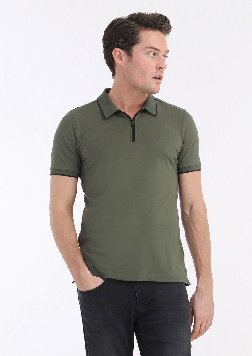 Haki Düz Polo Yaka Pamuk Karışımlı T-Shirt - 2