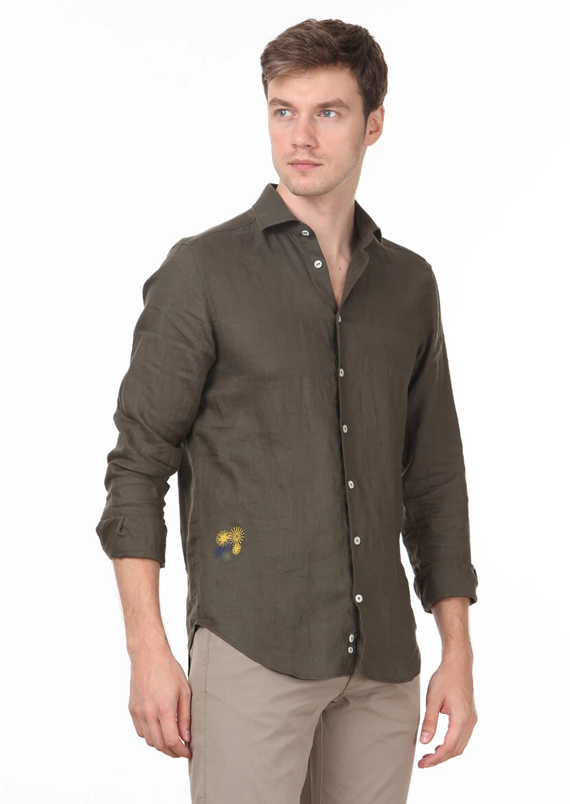 Haki Düz Regular Fit Dokuma Casual %100 Keten Gömlek 