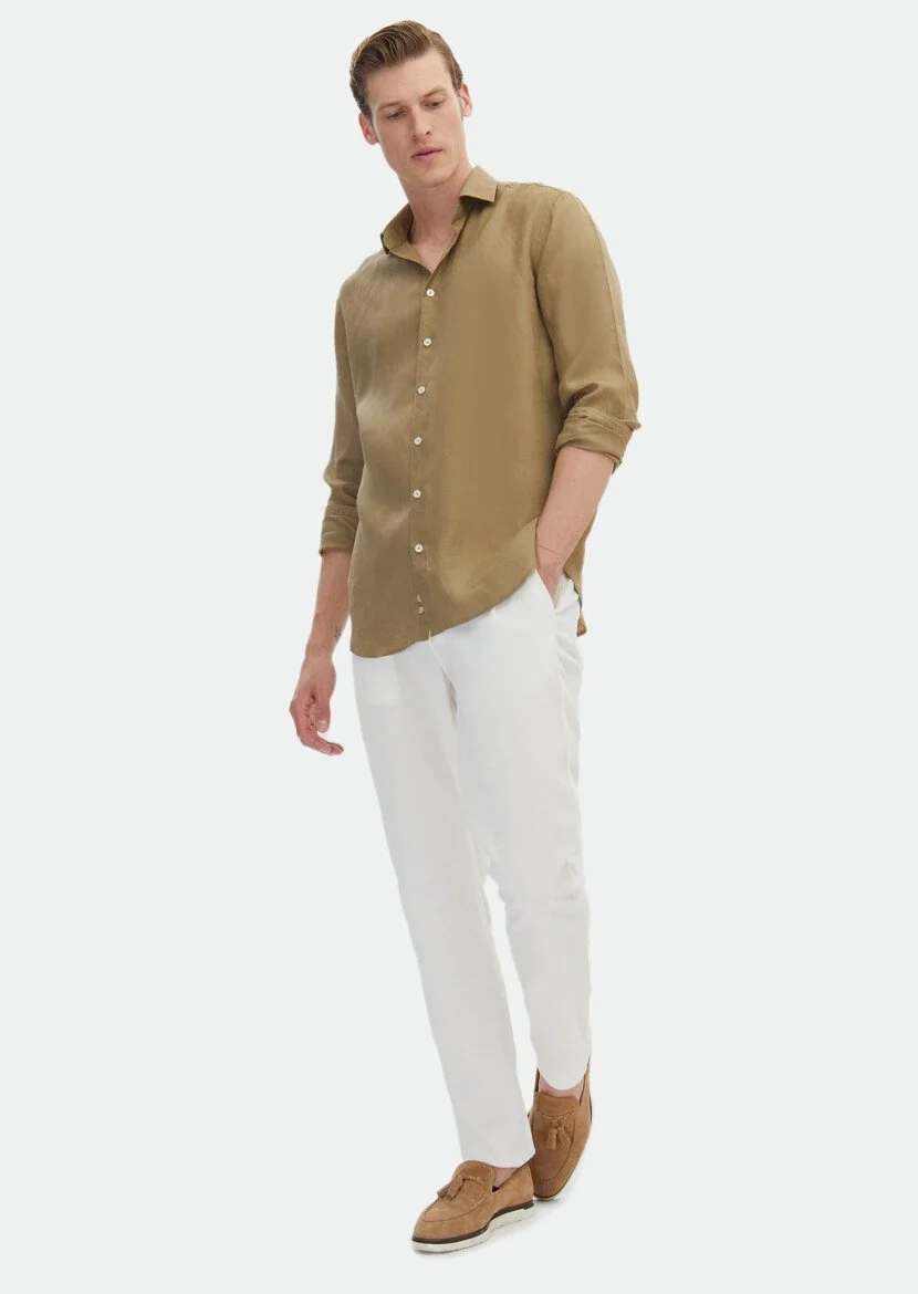 Haki Düz Regular Fit Dokuma Casual %100 Keten Gömlek 