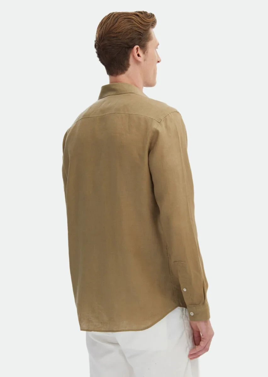 Haki Düz Regular Fit Dokuma Casual %100 Keten Gömlek - 4