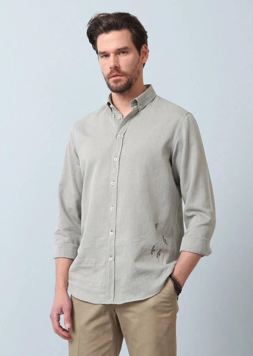 Haki Düz Regular Fit Dokuma Casual %100 Pamuk Gömlek - 2