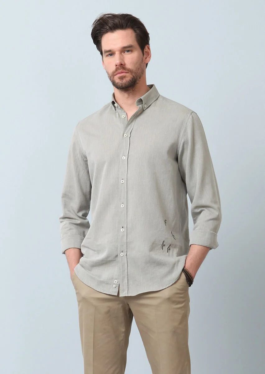 Haki Düz Regular Fit Dokuma Casual %100 Pamuk Gömlek - 5