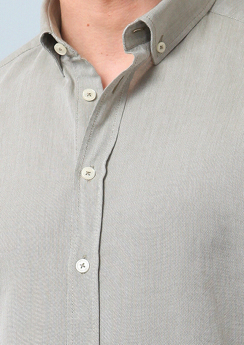 Haki Düz Regular Fit Dokuma Casual %100 Pamuk Gömlek - 3