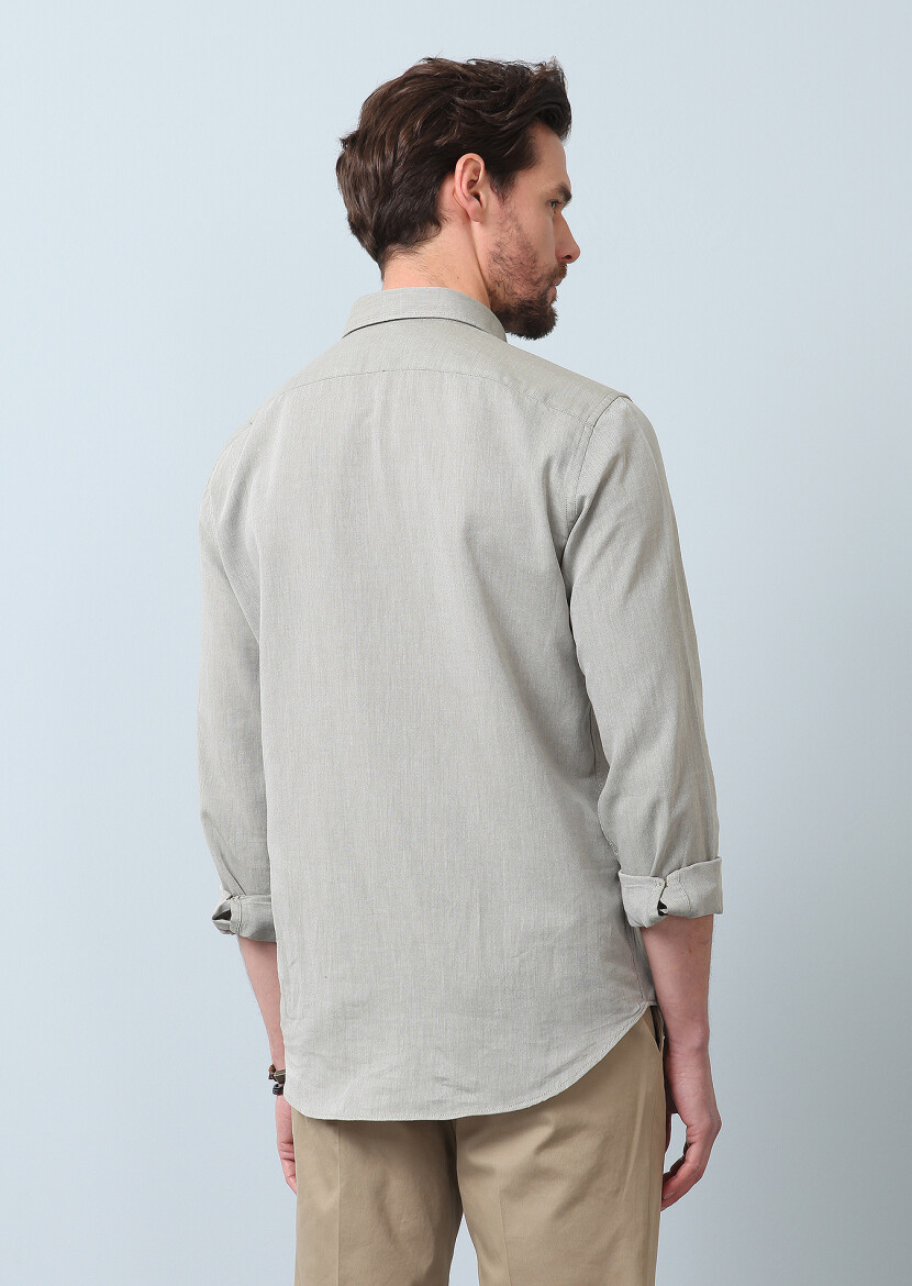 Haki Düz Regular Fit Dokuma Casual %100 Pamuk Gömlek - 6