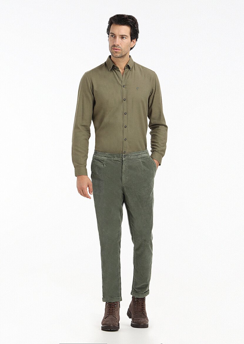 Haki Düz Regular Fit Dokuma Casual %100 Pamuk Gömlek - 1