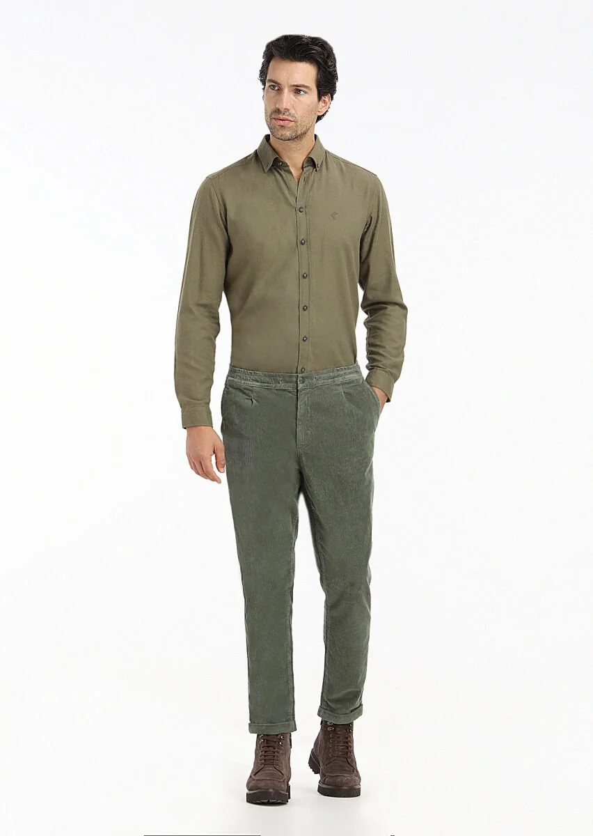 Haki Düz Regular Fit Dokuma Casual %100 Pamuk Gömlek - 1