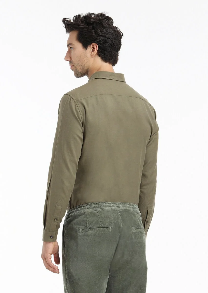 Haki Düz Regular Fit Dokuma Casual %100 Pamuk Gömlek - 5