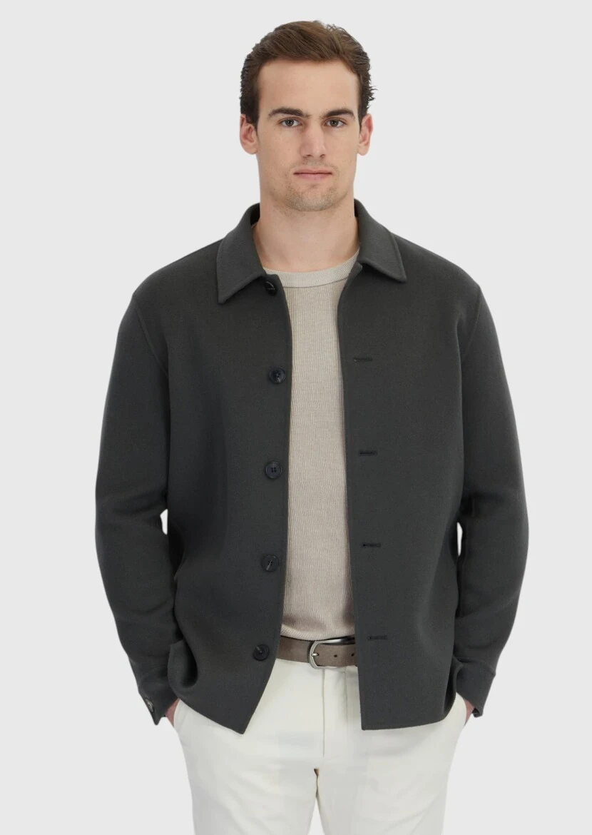 Haki Düz Regular Fit Dokuma Yün Karışımlı Overshırt - 1