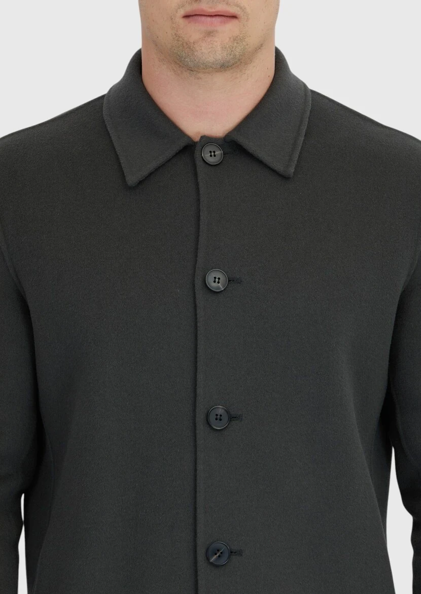 Haki Düz Regular Fit Dokuma Yün Karışımlı Overshırt - 5