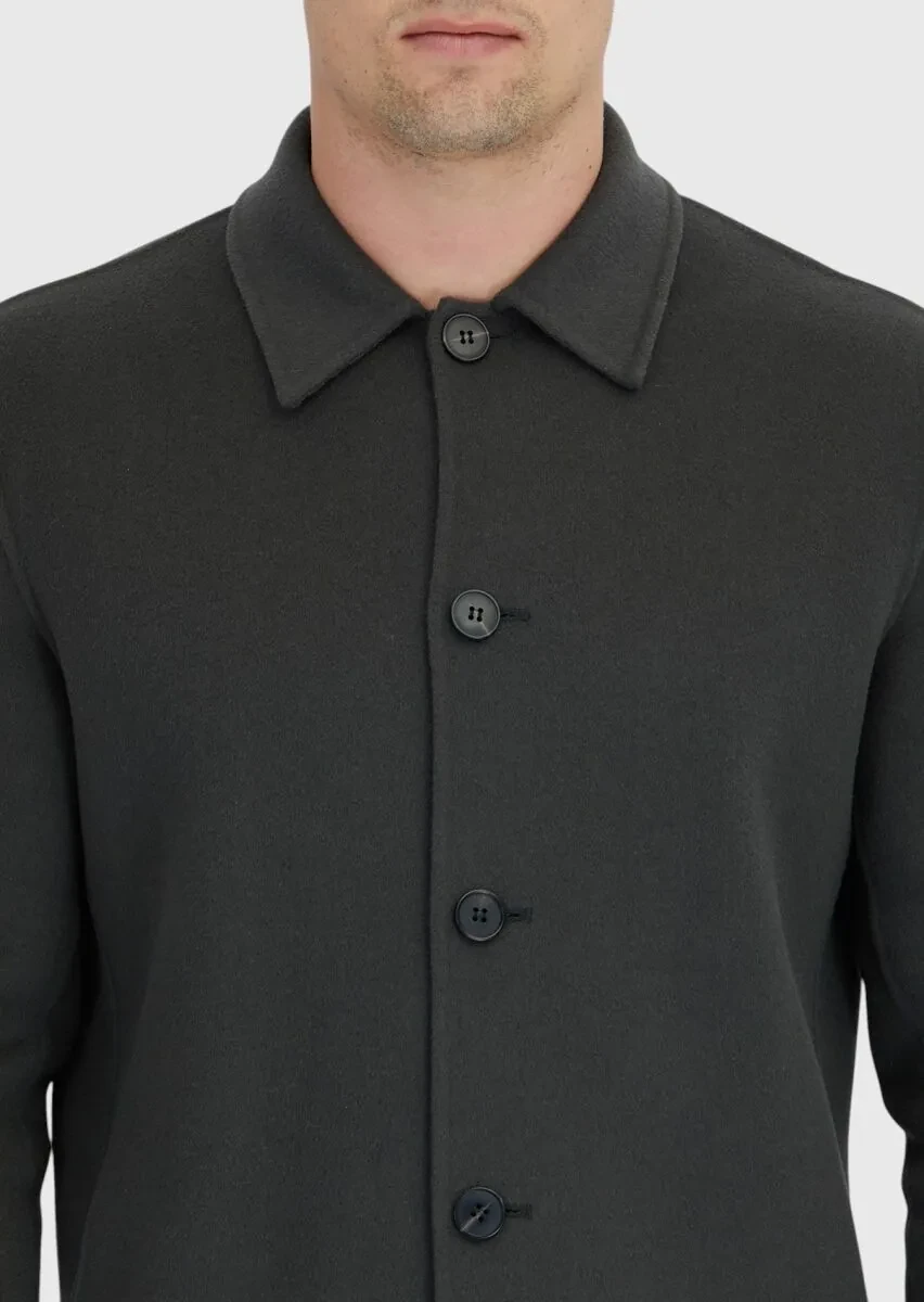Haki Düz Regular Fit Dokuma Yün Karışımlı Overshırt - 5