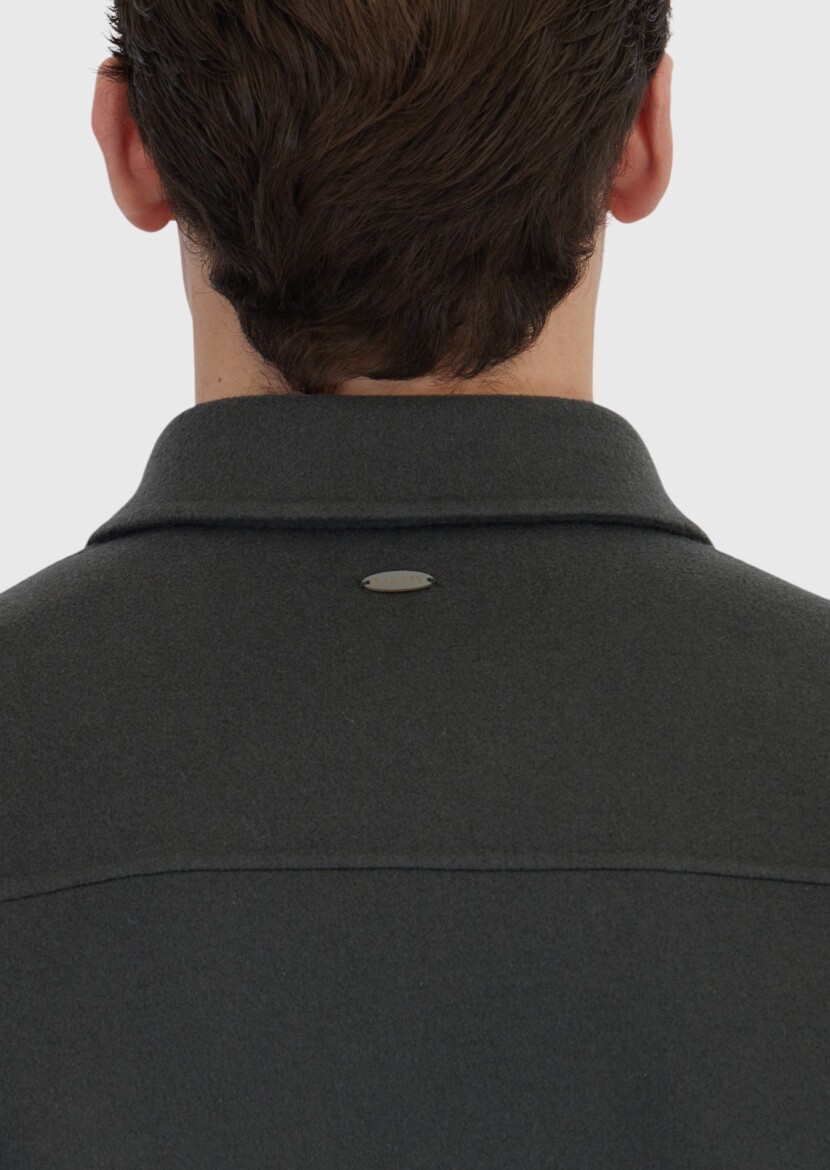 Haki Düz Regular Fit Dokuma Yün Karışımlı Overshırt - 6